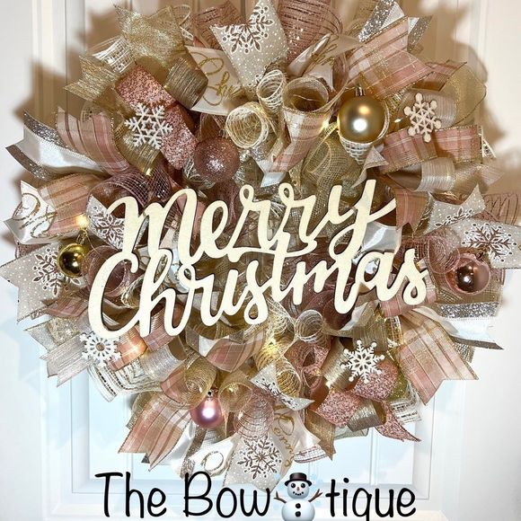 Christmas Snowflake Holiday Ribbon Door Wreath Handmade 22 ins LED W43 Gold - Picture 1 of 12